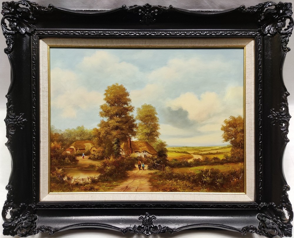 ORIGINAL LATE 20TH C. OIL PAINTING ON PANEL FIGURES AND FARM RURAL IN LANDSCAPE.