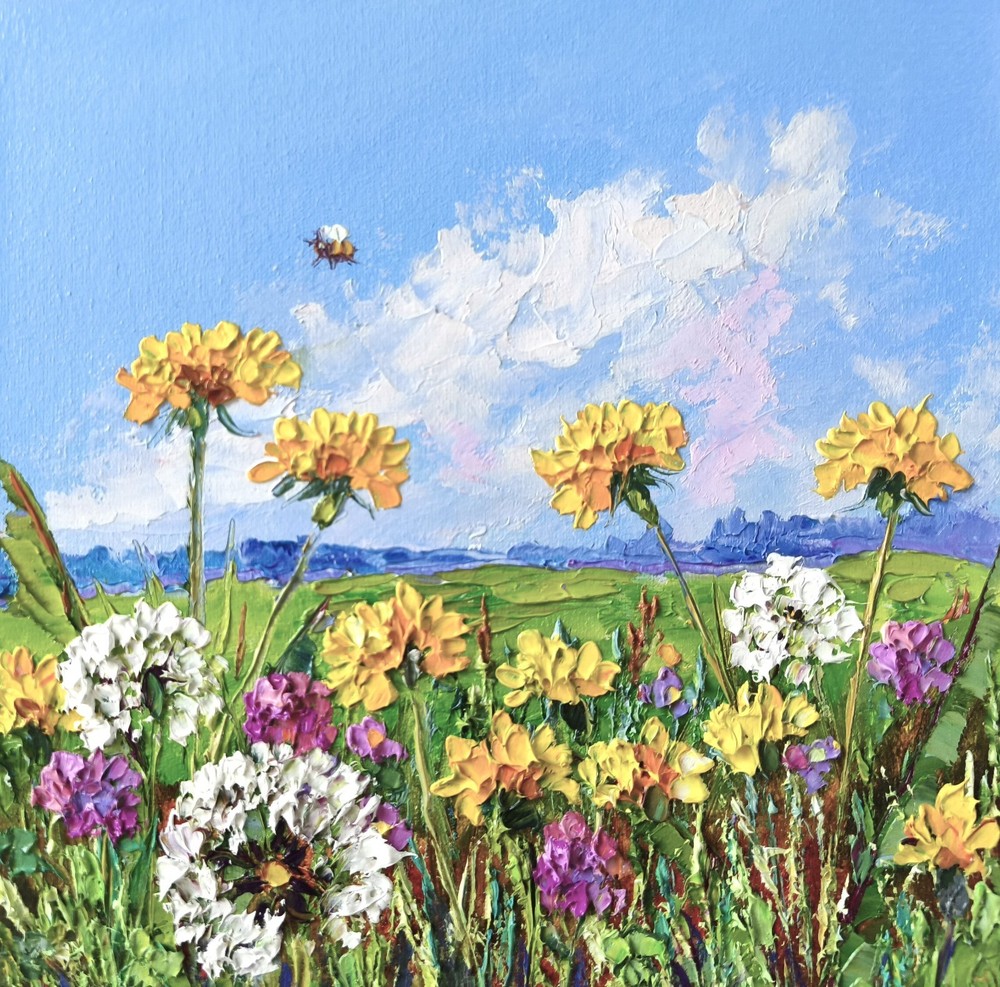 Original Oil painting Dandelions on Canvas board 25x25cm Flowers Artwork Signed