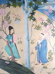 EARLY 20TH C ORIG PERSIAN LARGE PAINTING „OLD MAN ENCOUNTERS A YOUTH“, FINE