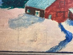Old Original Oil Painting Winter Snow Landscape Art Red Rural House Barn Framed