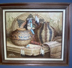 Vtg Framed Textured SW Theme Oil Ptg Myung Mario Jung, Frame Size 27″ Tx31-1/4″W