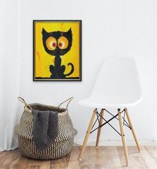 Original Whimsical Black Cat Acrylic Painting OOAK Pop Art Modern Folk Art 11×14