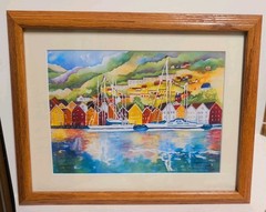 Coastal Bergen Norway Wharf Watercolor Reproduction by Arlene Sherman Framed