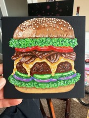 Acrylic Painting Original, Cheeseburger, Bacon, Fast Food, Food Art, 6×6