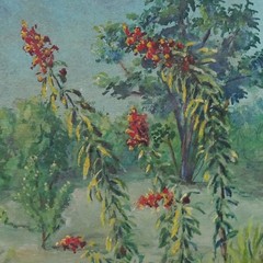 1948 Miniature Floral Landscape Oil Painting Lobelia Flowers Marsh 8×6 Goddard
