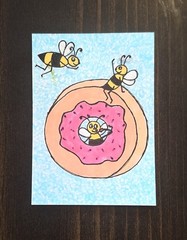 ACEO Original Honey Bees with a Donut Cartoon Watercolor Painting
