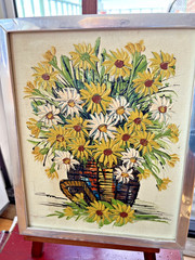 VTG Mid Century Floral Oil Painting Daisies Vase Flower Power Signed Framed CUTE