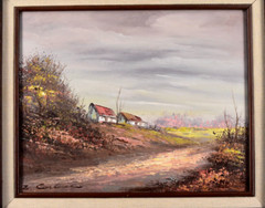 VTG Framed Signed Oil Painting Landscape European Barn Country Lane 14×12