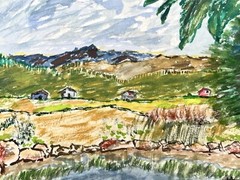 Original Landscape Watercolor Painting CO Mountains Cabins Pond Signed 6×8