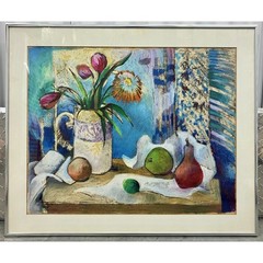 Oil Pastel Still Life Art Fruit & Flowers William Llewellyn Hoey Framed 24”x20”