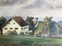 Oil Painting Houses At Sea Coast Monogram Antique Frame Nature Landscape Acre