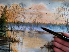 BIRDS FLYING FOGGY FOREST Bob Ross Style Original Artworks Painting MINE LAKE A4