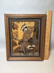 Vintage 1978 Glass Print 3D Wildlife Raccoon Wood Shadowbox Picture Art Cabin