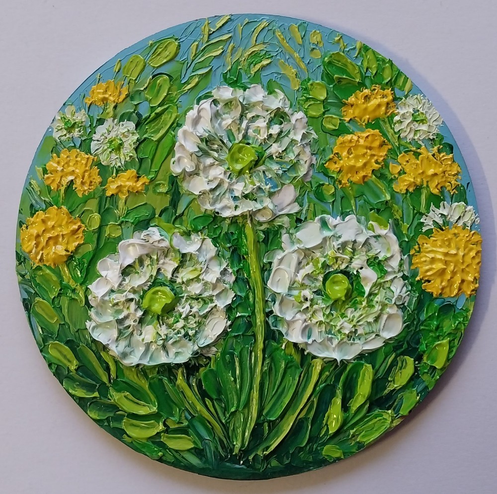 Dandelion Wildflowers Field Flowers Round Art 4×4″ Impasto Oil Painting Original