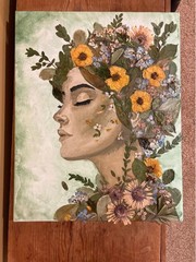 Pressed Flower Portrait, Mixed Media Botanical Wall Art, Acrylic Painting Canvas