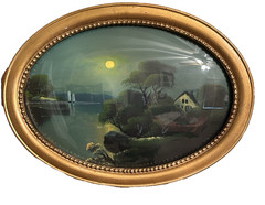 Canvas Landscape Water Night Scene Mount Under Concave Glass Antique Frame READ