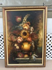 Large Framed Floral Still Life Oil Painting on Canvas W-29 L-41