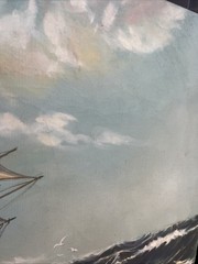 Large Vintage Oil Painting Sailing Ship in Rough Seas Signed Nautical