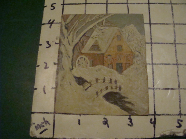 vintage Original TINY PAINTING — 1910’s BUILDING w WATERWHEEL on RIVER,