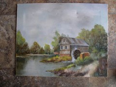 SERENE LANDSCAPE GRIST MILL & WATERWHEEL RIVER OIL ON CANVAS SIGNED T.A. 1980