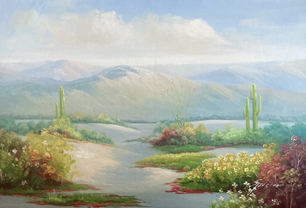 Original Signed Oil Painting Desert Landscape Wildflowers Saguaro Cactus 36″X24″