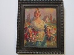 ANTIQUE PAINTING ART DECO WOMAN WITH FLOWERS GARDEN FEMALE MODEL SIGNED 1920’S