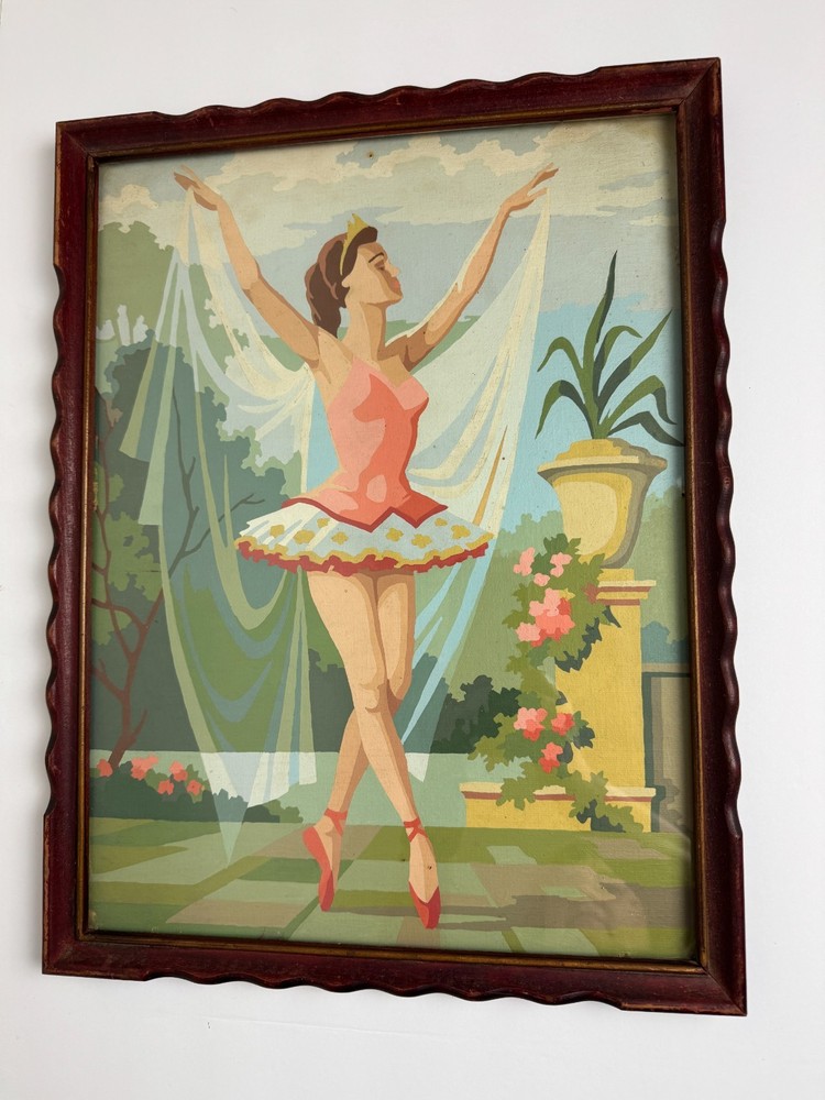 Vintage 1950 – 60s PBN Paint by Numbers Balcony Ballet Ballerina Painting Framed
