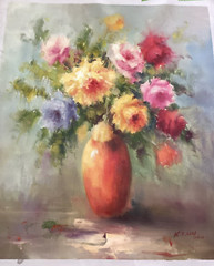 Original Floral Orange Vase Still Life Impressionist LargeOil Painting On Canvas