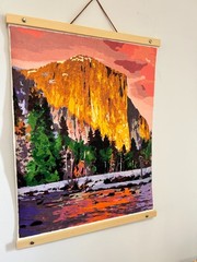 Mountain and desert in Acryclic on canvas – 16″ x 20″ -Wood & leather