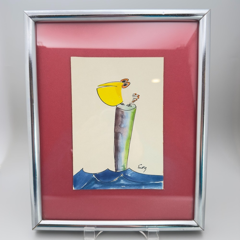 Original Barbara Entz Watercolor Painting Signed Vintage 1970s Whimsical Pelican