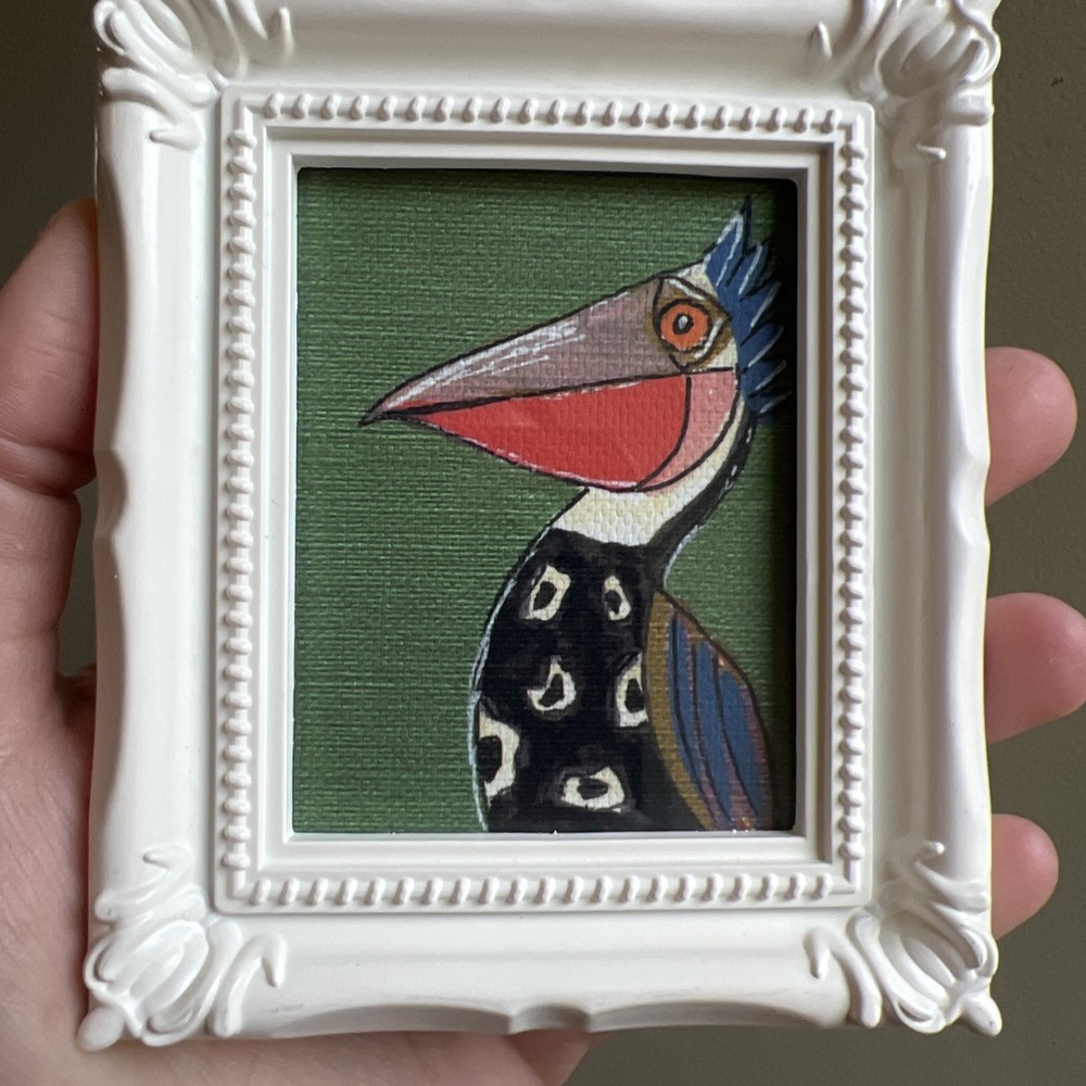 Print Of My Art Funny Pelican Bird funny,cute,miniature Painting,small, framed
