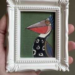 Print Of My Art Funny Pelican Bird funny,cute,miniature Painting,small, framed