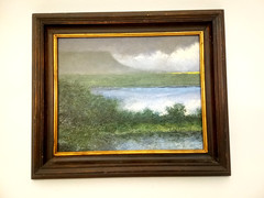 Jim Gola original oil painting sun coming through clouds greens framed