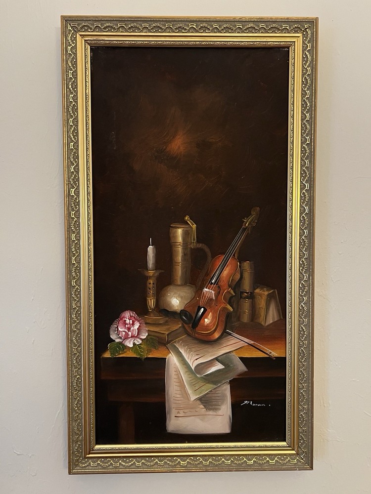 Original Moran Painting Of Violin On A Desk With Flowers Vintage Canvas Signed