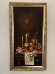 Original Moran Painting Of Violin On A Desk With Flowers Vintage Canvas Signed