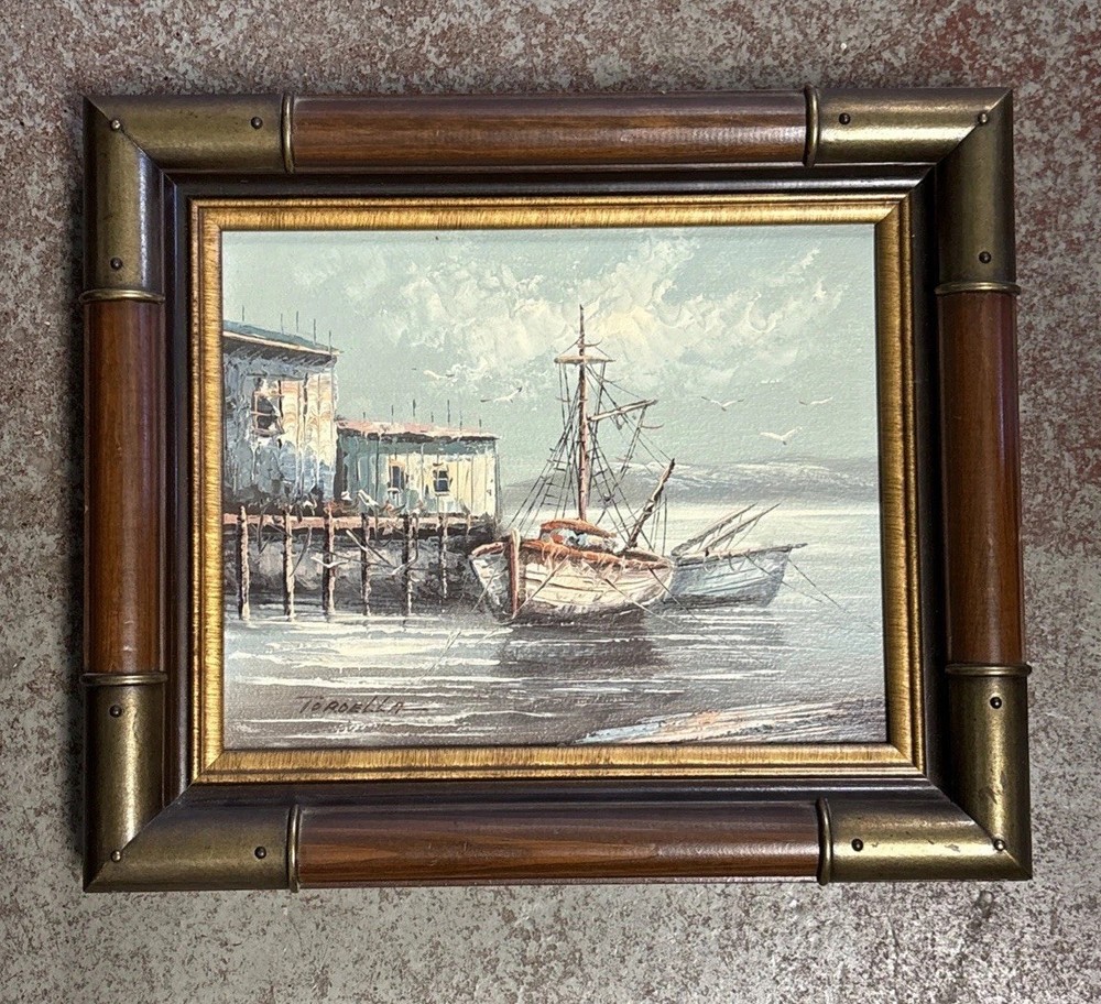 Signed Toroella Harbor Scene/Ship/Wharf Oil on Canvas Painting