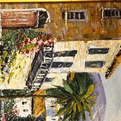 Signed Mediterranean Coastal Village Palette Knife Oil Painting Framed