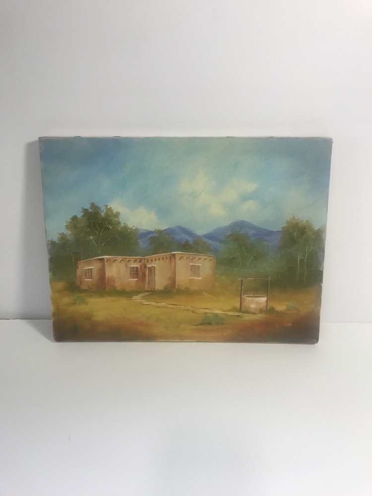 HAND PAINTED ART Mountain Cabin Well CANVAS PAINTING Wall Hanging Home Decor