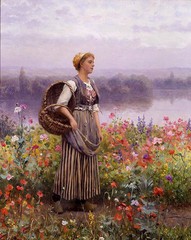 Ｏｉｌ　ｐａｉｎｔｉｎｇ daniel ridgway knight – the flower girl & baskets in landscape