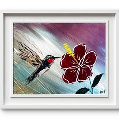 Hummingbird Flower Blue Abstract Signed Mixed Media Art Painting 11×14 Canvas