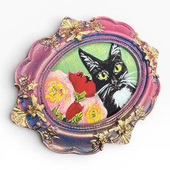 Cat & Flowers watercolor print in mini vintage style ornate frame