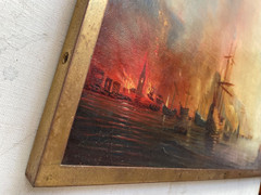 19th Theodore GUDIN – Antique Old Master Oil – Fire by the Coast – Boat and Ship