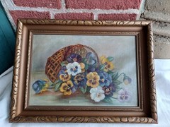 ANTIQUE 19th CENTURY VICTORIAN PANSY BASKET FLOWERS FLORAL OIL PAINTING