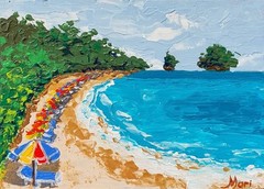 Beach Umbrellas Painting Seascape Ocean Shore Coastal Art Summer Wall Decor 6×8