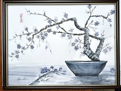 Original paintings Cherry Blossom bonsai oriental japanese chinese brush sumi-e