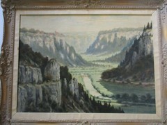 VINTAGE OIL PAINTING MOUNTAIN RANGE LANDSCAPE CASTLE VILLAGE TOWN SIGNED 1950’S