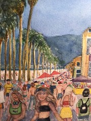WATERCOLOR ORIGINAL 10×10 Venice Beach House Vacation Boardwalk People Colorful