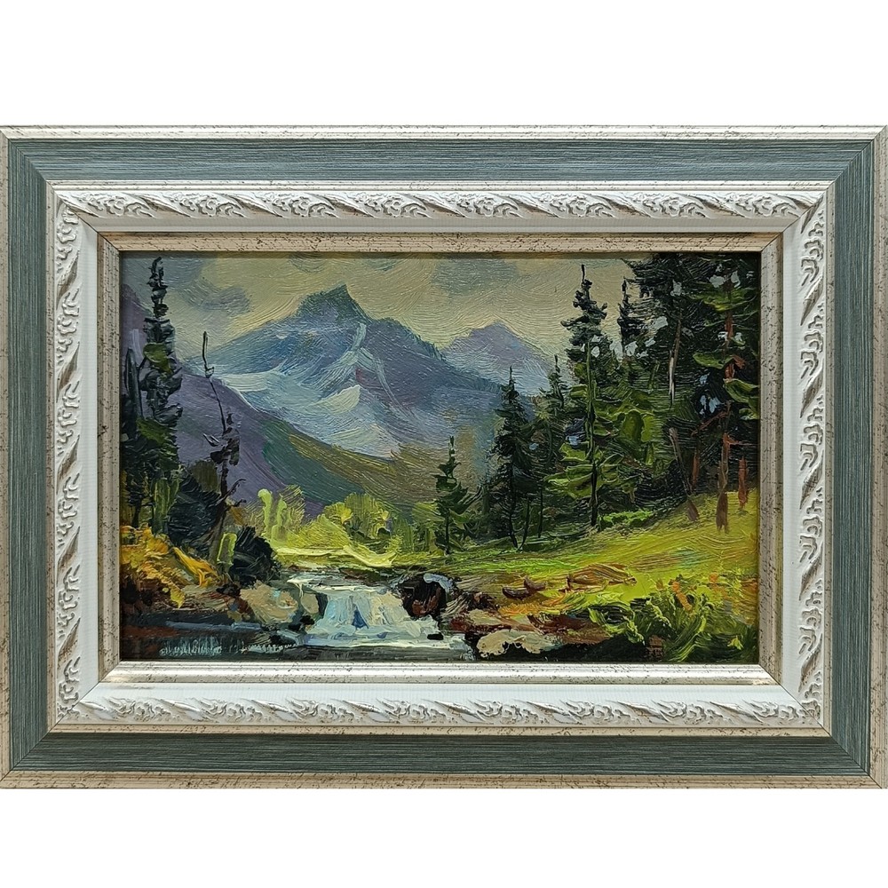 Summer nature Oil painting Original art Waterfall 6 x 4 inches