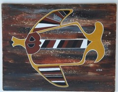 *REDUCED* Angelfish painting on Wood by Albe, Neo-Primitive, Earthtones, 14″x18″