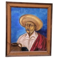 Vintage Oil Painting Mexican Cowboy Smoking Pipe Signed Rogubl Framed 28.5 x 24